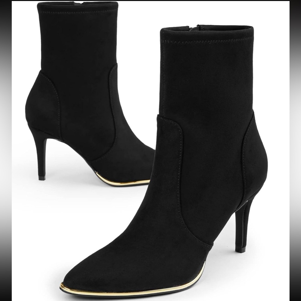 New Black Suede Pointed High-Heel Booties w/Gold Trim